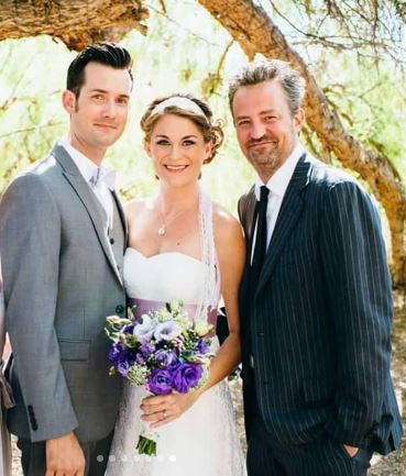 Mia Perry with her brother Matthew Perry and groom Dave on her wedding day